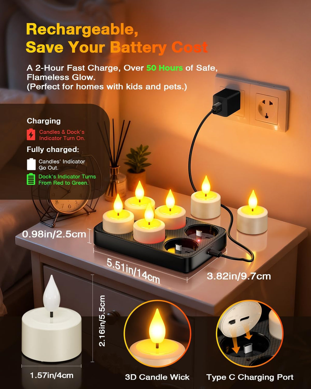 Yme Rechargeable Tea Lights with Remote & Timer, Charging Dock