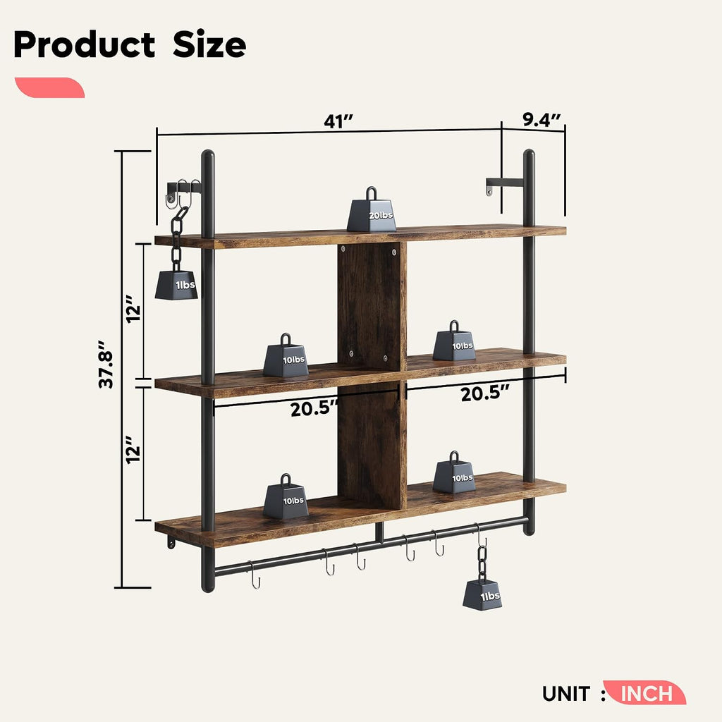 Bestier 41.5" Floating Shelves for Wall 3 Tier Kitchen Shelves Wall Mounted Coffee Bar Shelf Hanging Shelf with 8 Hooks, Industrial Display Pipe Shelving for Kitchen Living Room Bathroom, Rustic Brown
