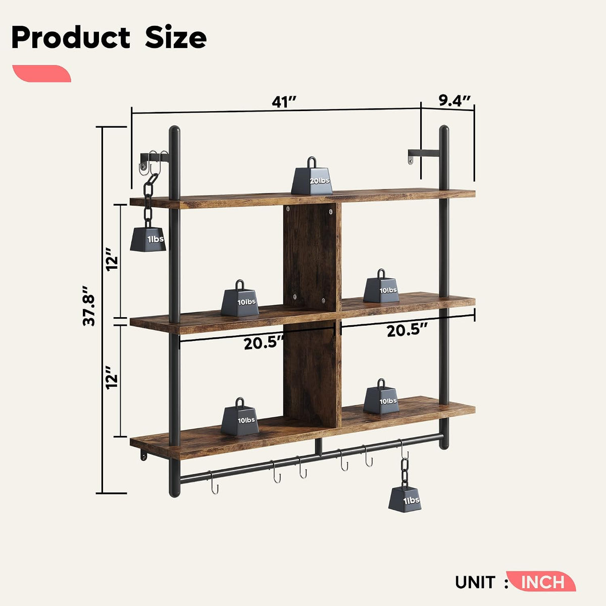 Bestier 41.5" Floating Shelves for Wall 3 Tier Kitchen Shelves Wall Mounted Coffee Bar Shelf Hanging Shelf with 8 Hooks, Industrial Display Pipe Shelving for Kitchen Living Room Bathroom, Rustic Brown