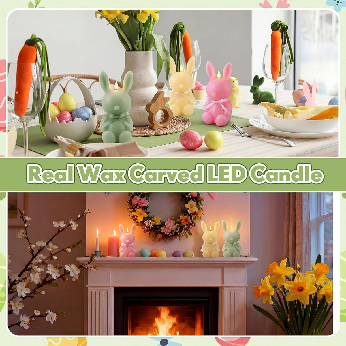 Baquler 3 Pcs Large Easter Bunny Led Flameless Candle 8 Inch Battery Operated Candles with Remote Real Wax Cute Rabbit Shape Candle with Bow 3D Flickering for Gift Home Party Decor (Yellow,Green,Pink)