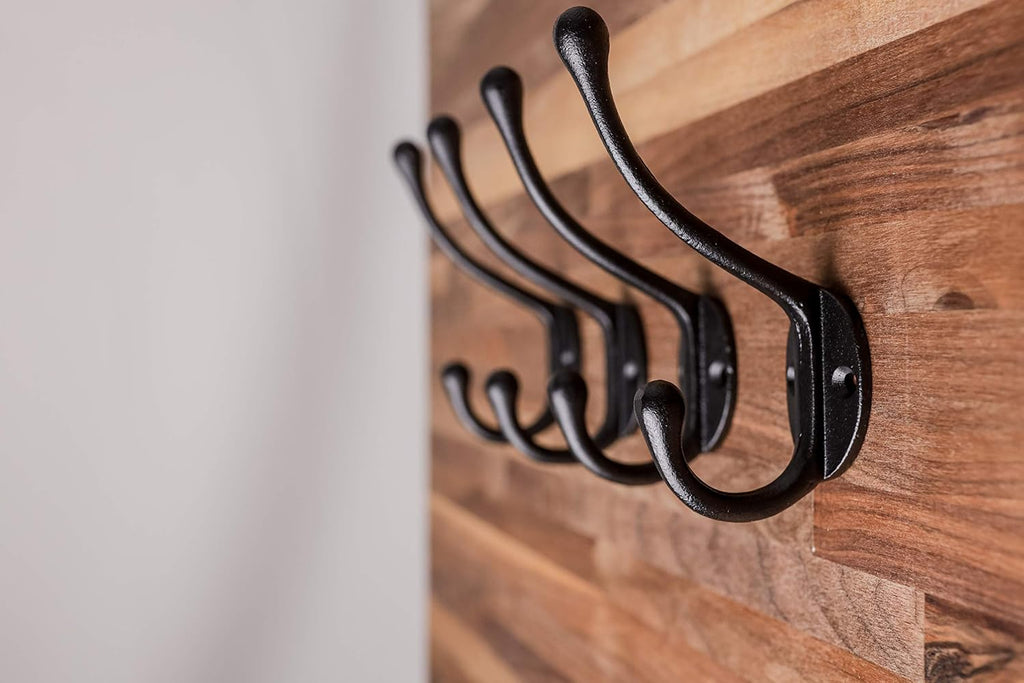 Craftsman Road Vintage Cast Iron Wall Hooks (Black Texture Finish, Set of 4) - Rustic, Farmhouse Coat Hooks | Great for Coats, Bags, Towels, Hats | Classic Slender