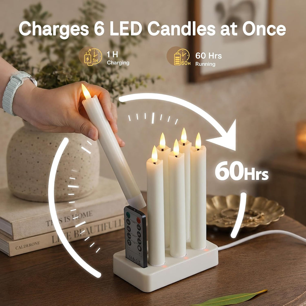 Rechargeable LED Taper Candles with Remote Timer, Flameless Ivory Real Wax Set of 6 with Charging Station, Flickering 3D-Wick Warm Light Candlesticks for Home Decor (0.78" x 7")