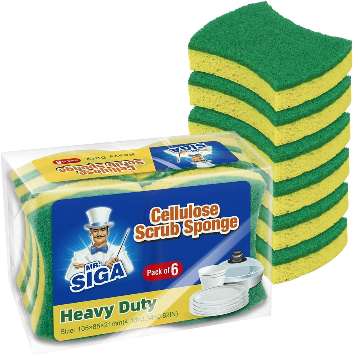 MR.SIGA Heavy Duty Cellulose Scrub Sponge, Dual-Sided Dish Sponge, 12 Pack
