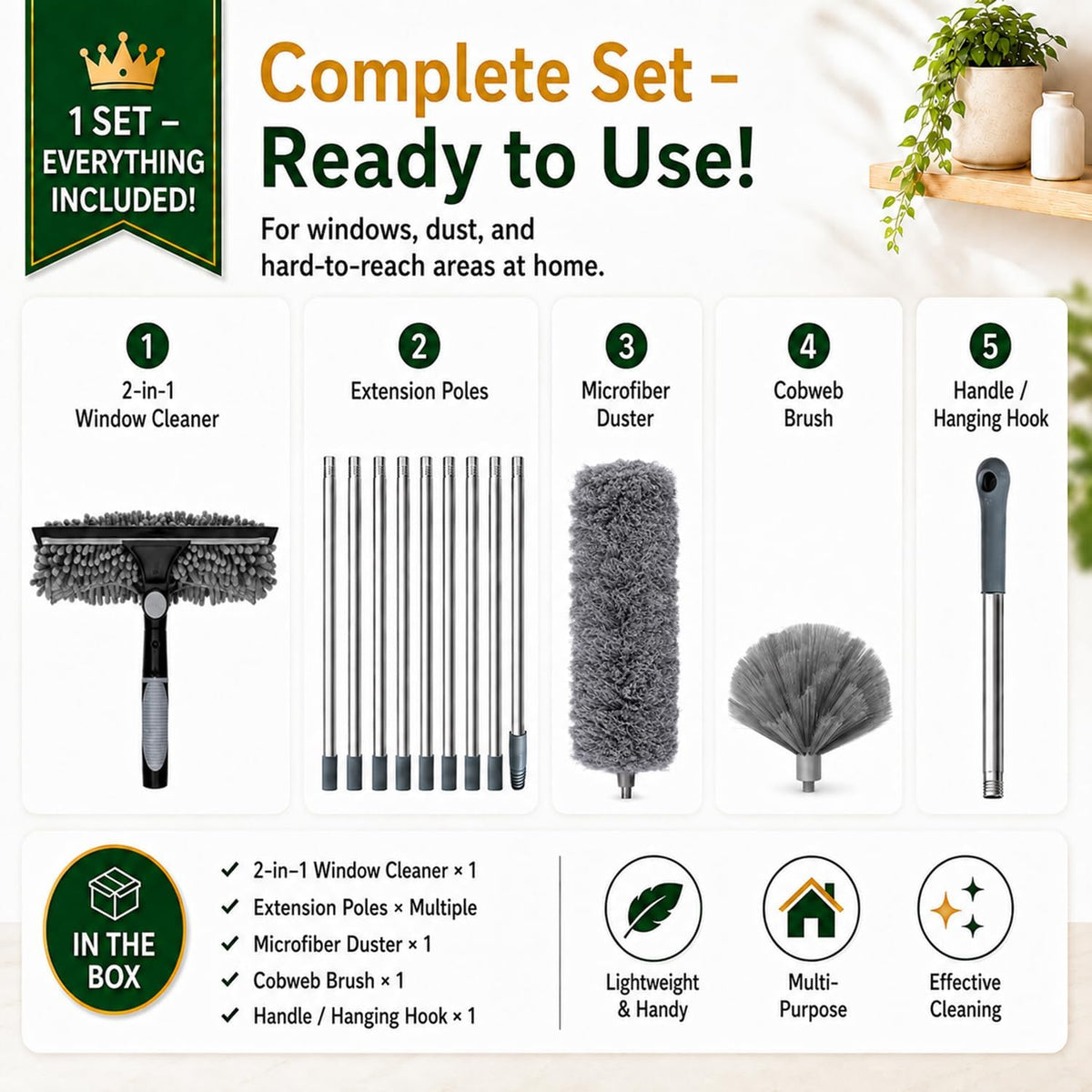 Cobweb Duster with Extension Pole,Window Squeegee, 3-in-1 Kit