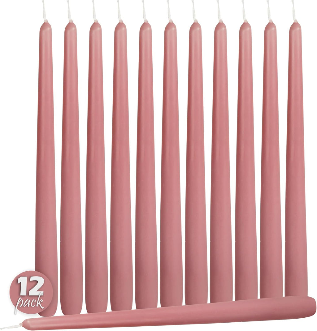 Hyoola 12 Pack Tall Taper Candles - 14 Inch Rose Pink Dripless, Unscented Dinner Candle - Paraffin Wax with Cotton Wicks - 12 Hour Burn Time