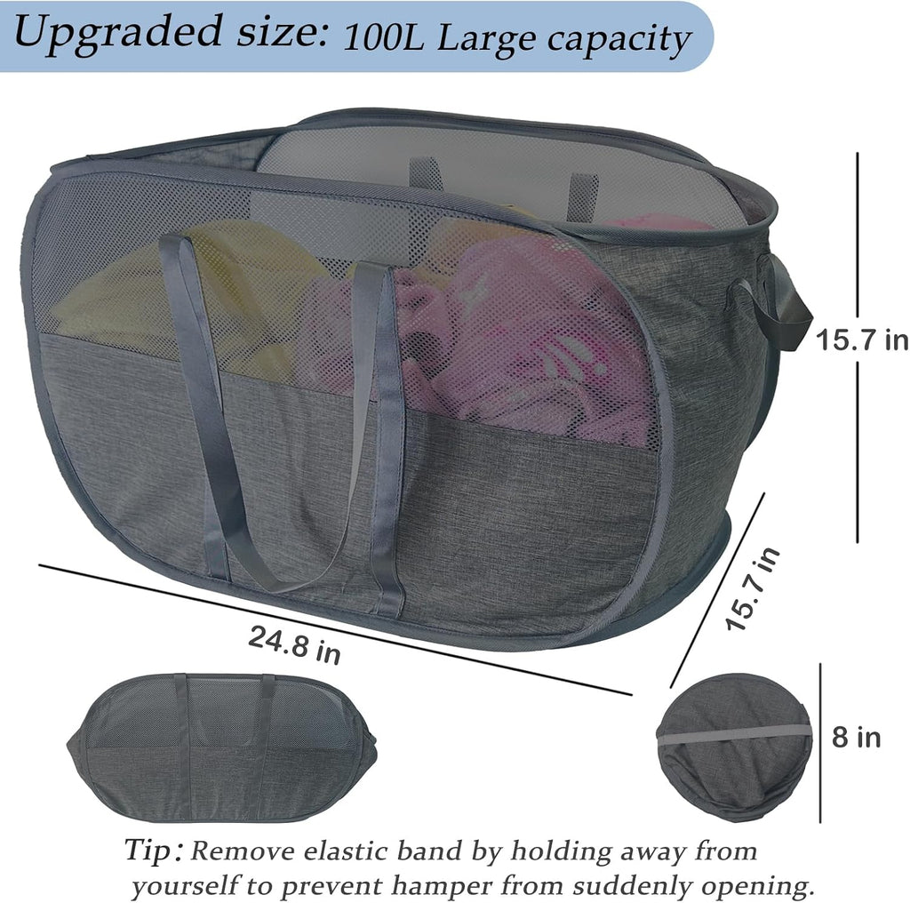 Upgraded 100L Collapsible Laundry Basket, Extra Large Mesh Pop Up Laundry Hamper, Dirty Clothes Hamper with long Handles, Pop-up Hampers for Laundry Travel. Dorm or Home Portable Laundry Basket. Black