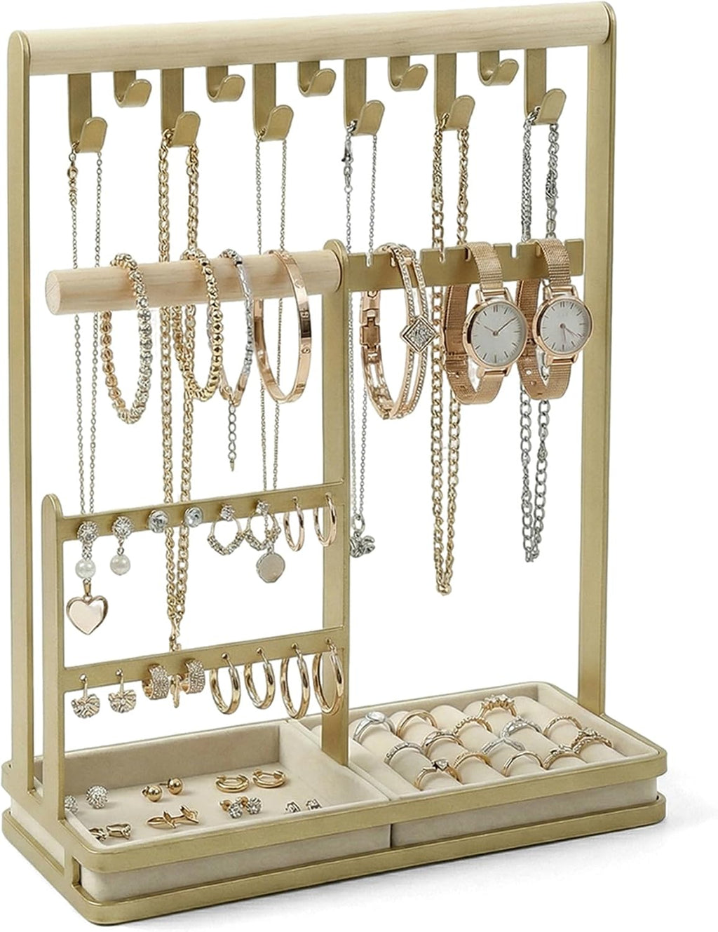 Jewelry Stand Holder Organizer, 4-Tier Necklace Holder with Ring Tray, 11 Hooks Display Storage Tower for Bracelets, Earrings, Watches (Gold)