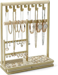 Jewelry Stand Holder Organizer, 4-Tier Necklace Holder with Ring Tray, 11 Hooks Display Storage Tower for Bracelets, Earrings, Watches (Gold)