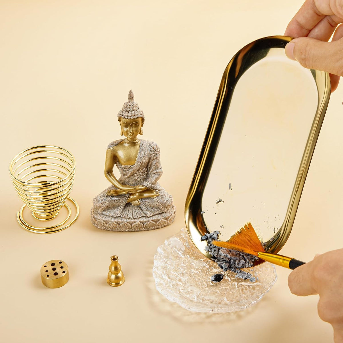 ZenBless 6 in 1 Incense Holder - Palo Santo, Buddha Statue, Sage & Incense Burner Holder for Sticks/Coil/Cones, Gold Oval Ash Catcher