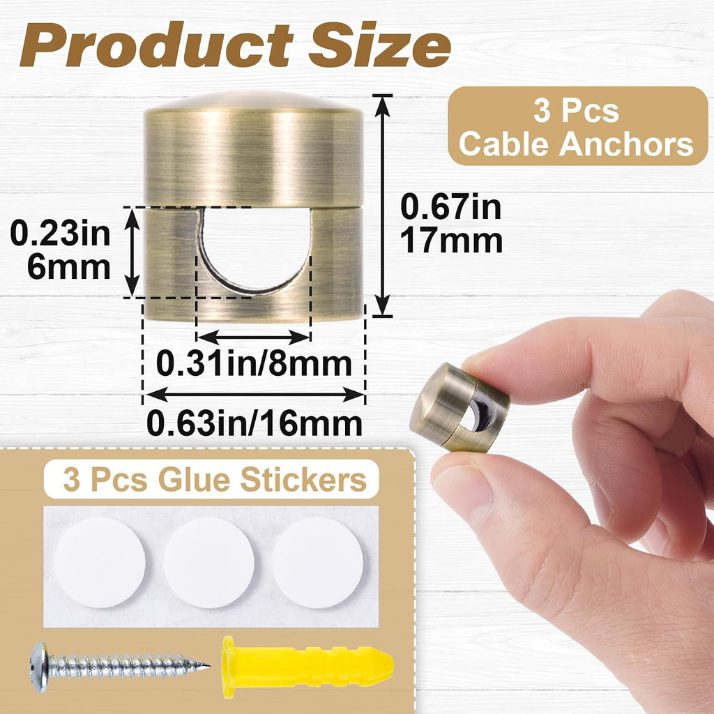 HINZIC 3Pack Cable Anchors for Desk, Metal Phone Cord Holder, Adhesive Wall Cord Clips, Copper Adjustable Wire Organizer Charger Management for Nightstand Office Home Desktop