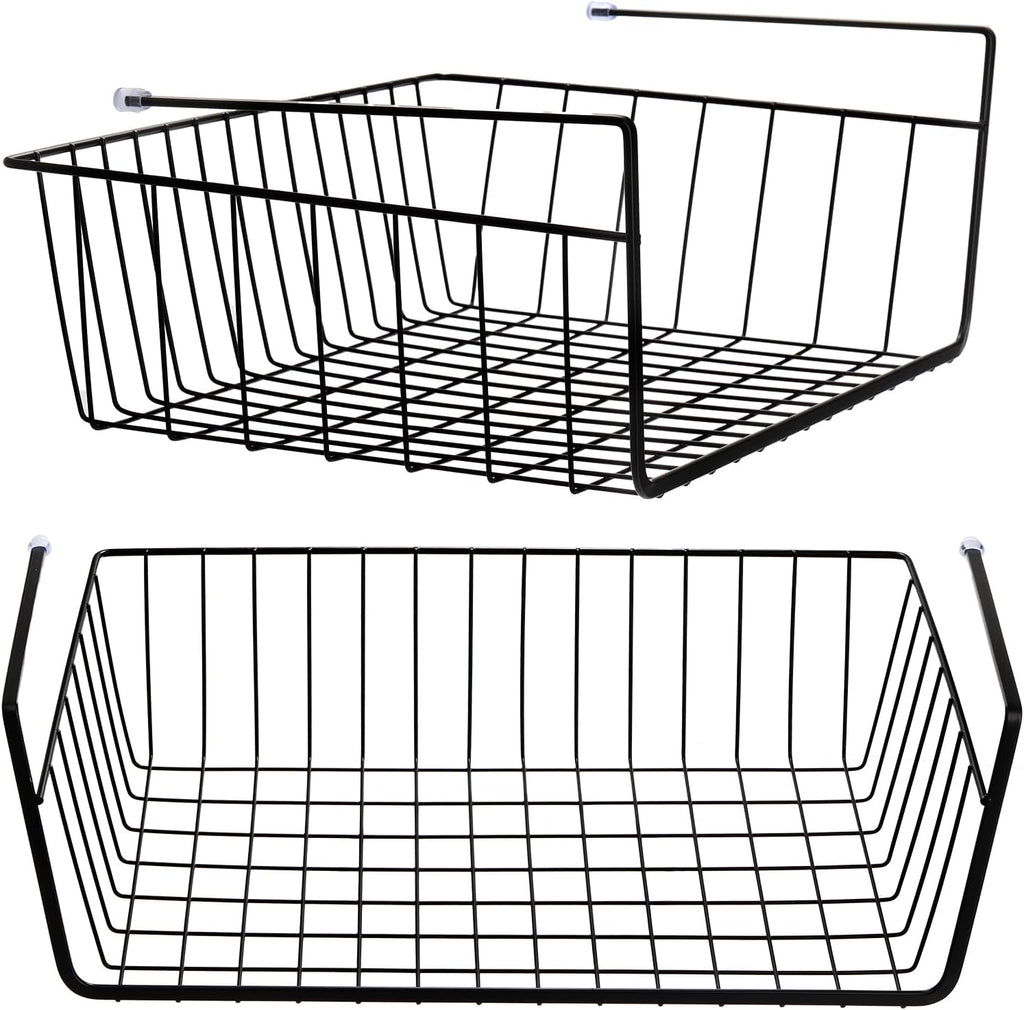 Tebery 2 Pack Black Under Shelf Wire Basket, Hanging Storage Baskets Under Cabinet Add-on Storage Racks, Slide-in Baskets Organizer for Kitchen Pantry Desk Bookshelf