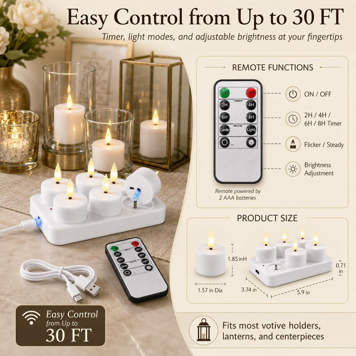 Rechargeable Tealight Flameless Candles, Charging Base, Wedding Table Decor
