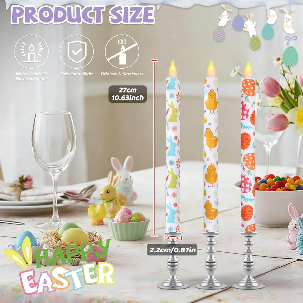 6Pcs Easter Taper Candles – 10.6" Battery Operated Flameless LED Candles with Bunny, Chick & Egg Patterns, Flickering Flame, Safe Spring Decor for Table Centerpiece, Party & Home Decor