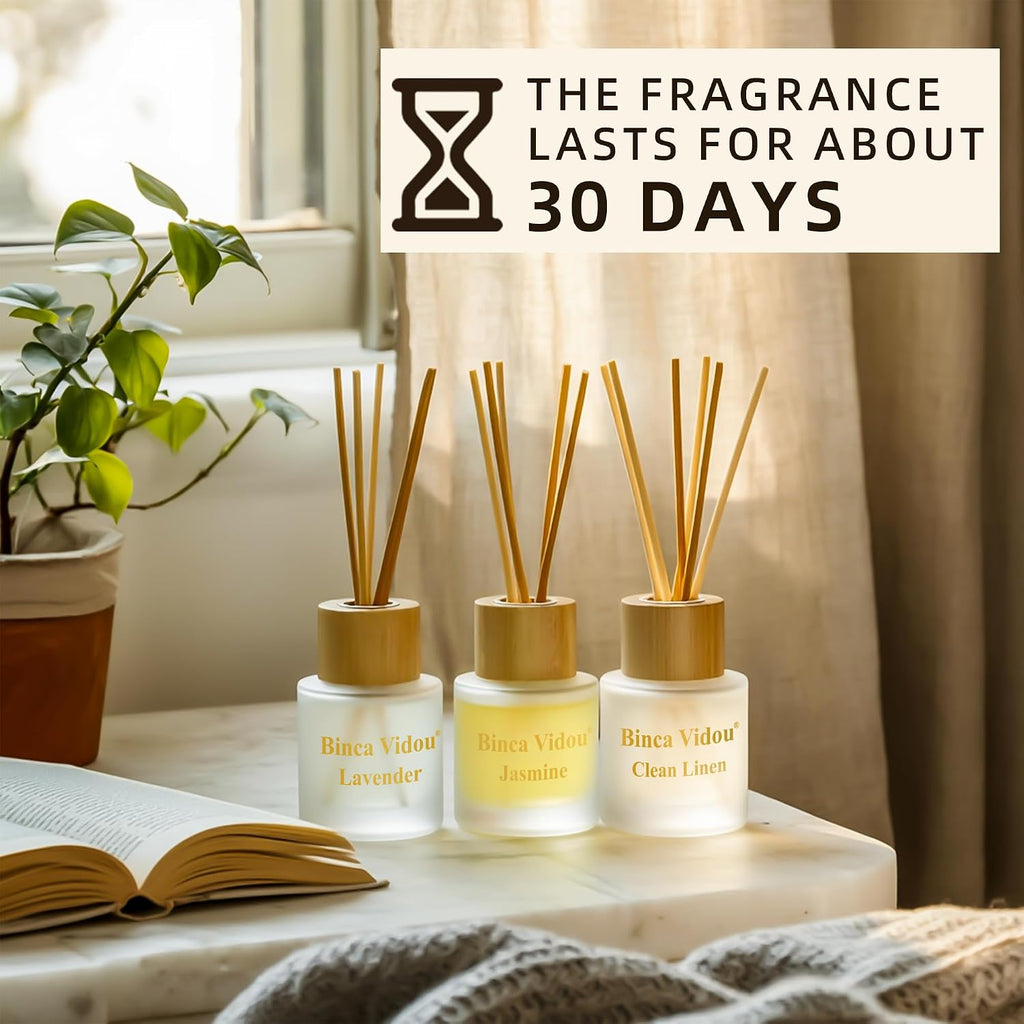 Reed Diffuser Set, Binca Vidou Lavender Linen Jasmine Natural Scent 1.69oz X 3