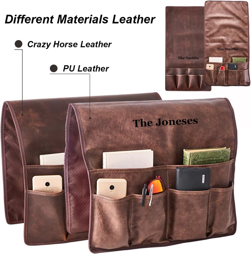 EURYNOME Personalized Sofa Armrest Genuine Leather Storage Bag,Custom Anti-Slip Sofa Organizer Pouch for Remote Control,Phone,ipad,Magazine,etc