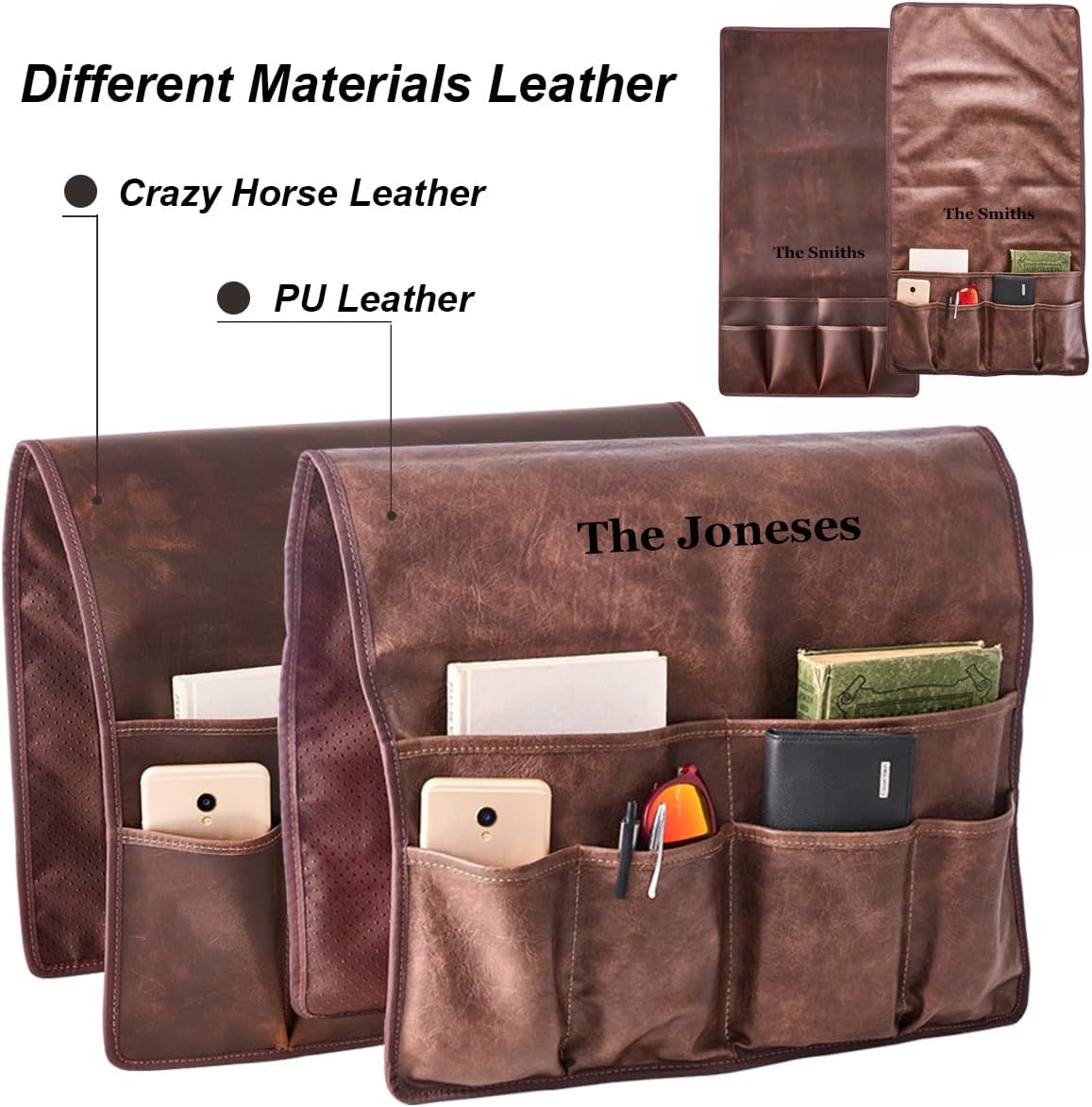 EURYNOME Personalized Sofa Armrest Genuine Leather Storage Bag,Custom Anti-Slip Sofa Organizer Pouch for Remote Control,Phone,ipad,Magazine,etc