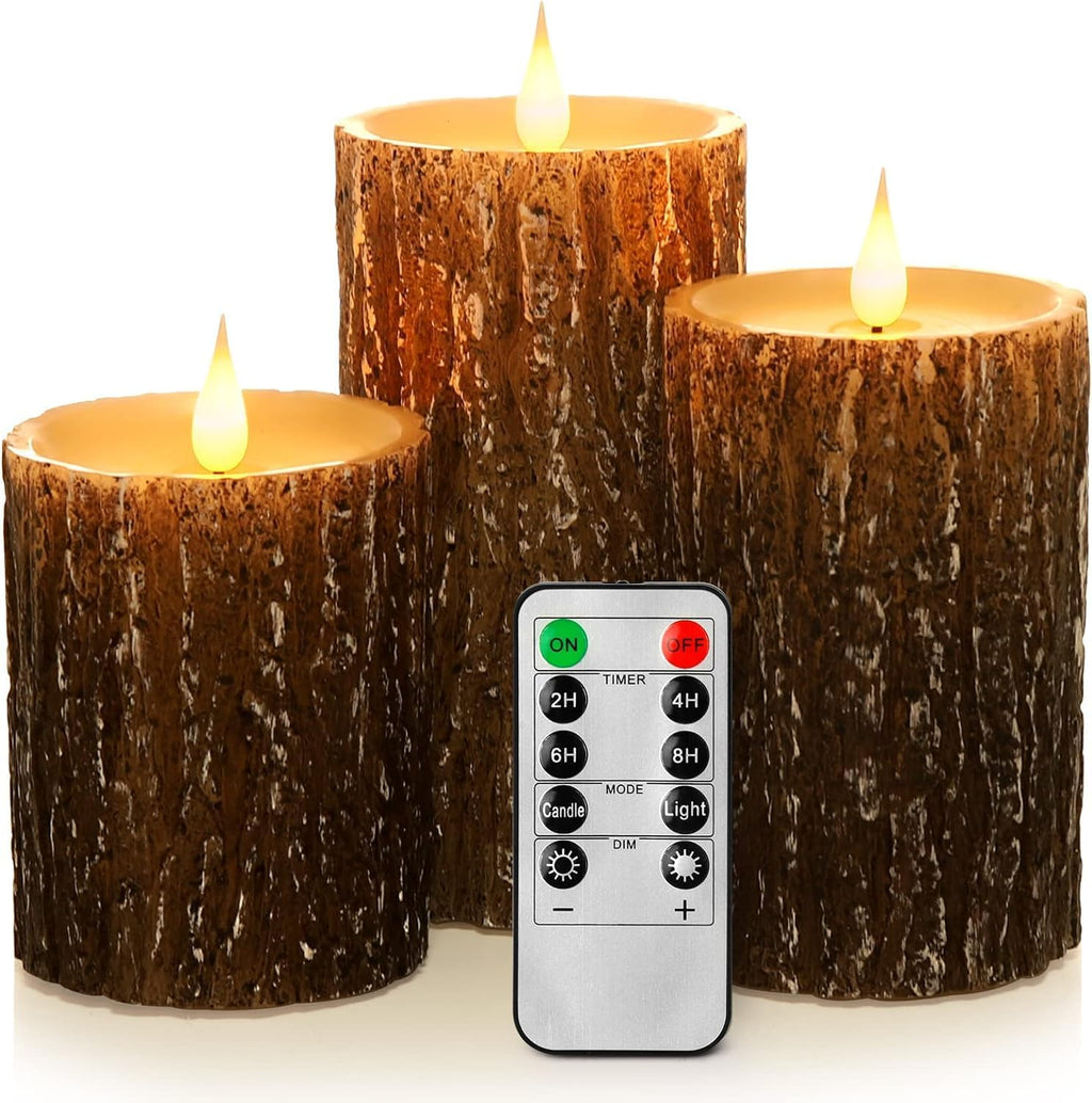AKU TONPA Pine Bark Effect Flameless Candles Battery Operated Pillar Real Wax Flickering Electric LED Candle Sets with Remote Control Cycling 24 Hours Timer, 3" x 4" 5" 6" Pack of 3