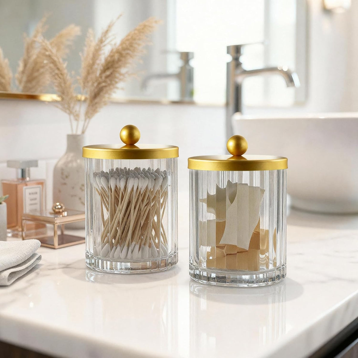 Amolliar Qtip Holder for Bathroom, Clear Glass Apothecary Jars(Gold 4 Pack)