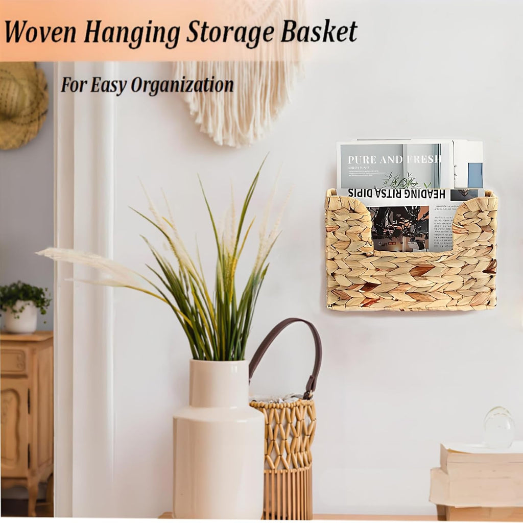 Hanging Magazine Basket, Woven Wall Magazine Holder Organizer with Handle for Mail, Files, Books - Water Hyacinth Farmhouse Storage Rack for Bathroom, Kitchen, Office
