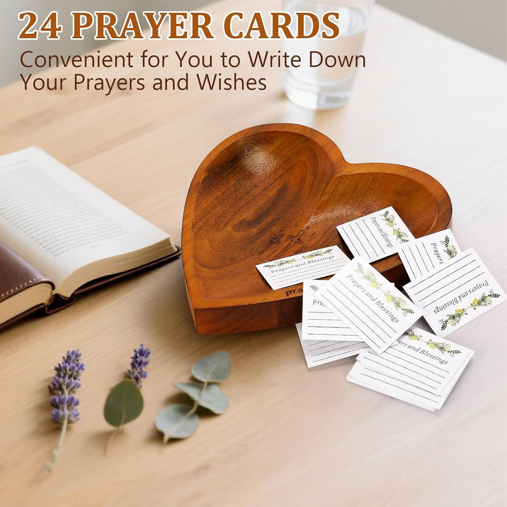 Prayer Bowl with 24 Blessing Cards Wooden Prayer Bowl Rustic Heart Shaped Decor Dough Bowls Christian Gifts for Mom Dad (Dark)