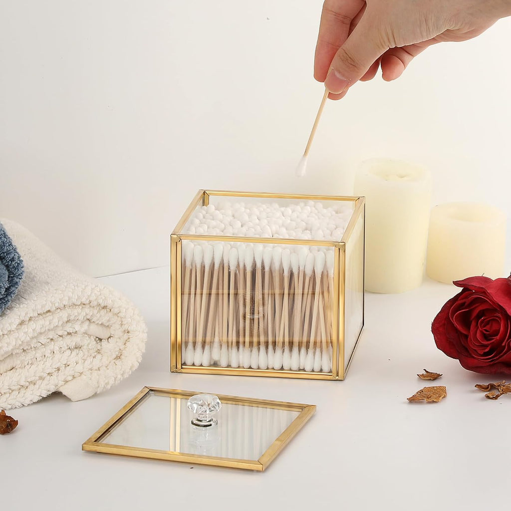 Hipiwe Glass Q-tip Holder Gold Cotton Swab Organizer Bathroom Dispenser with Lid Qtip Canister for Cotton Ball Pads Glass Vanity Box for Countertop Storage and Organization
