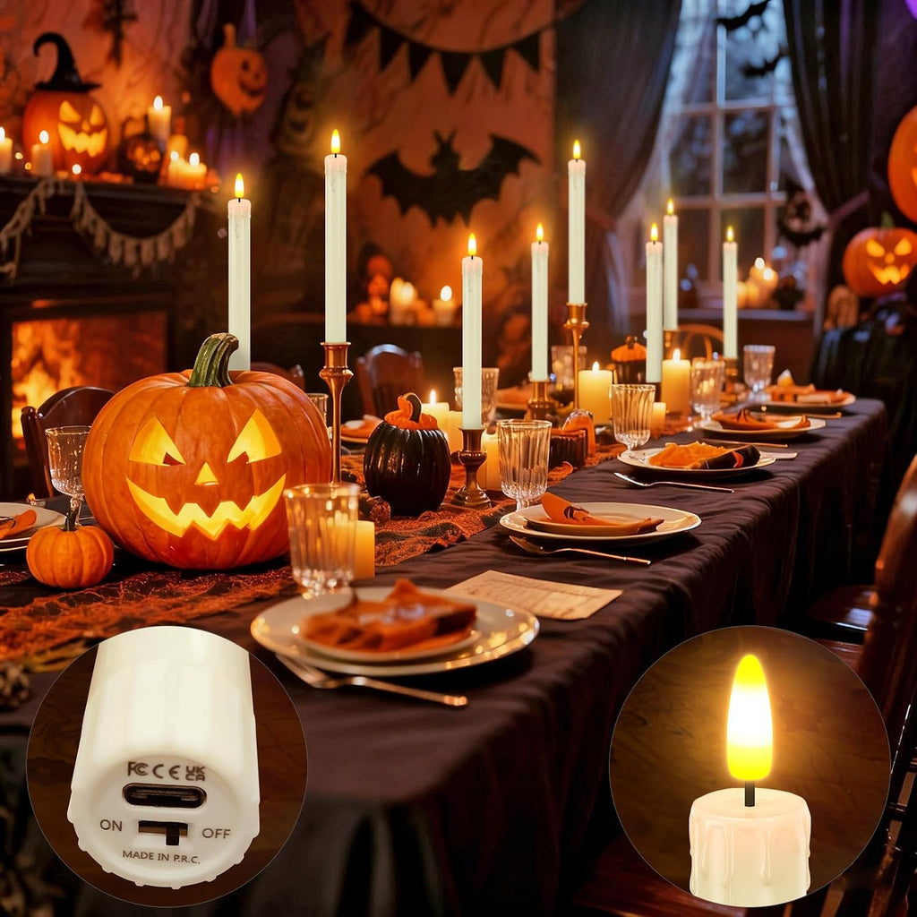 HL Rechargeable Flameless Taper Candles with Charging Base, 6 Pack LED Window Candles, Flickering Battery Operated with Remote Timer, Flameless Candlesticks for Halloween Christmas Decorations (Ivory)