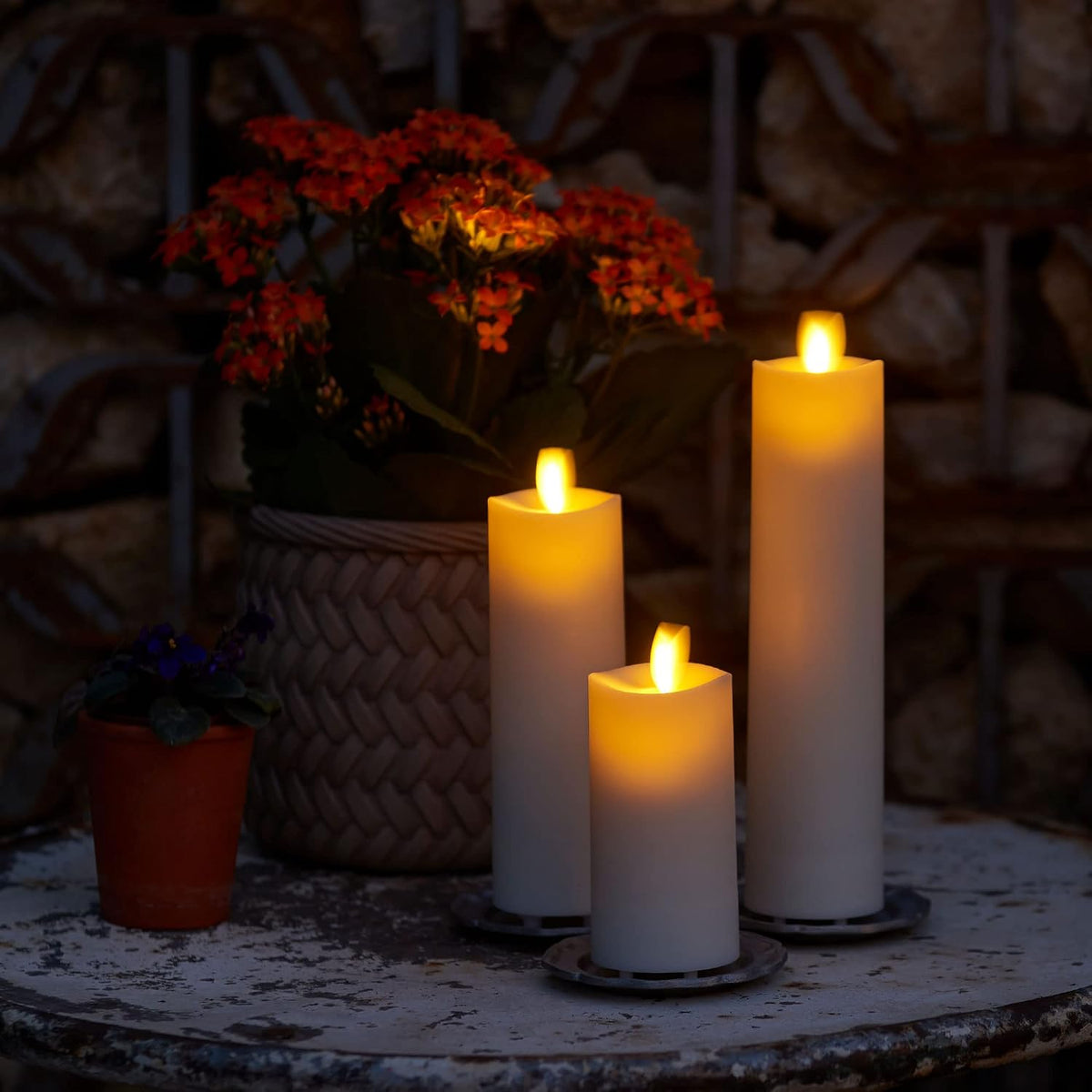Luminara Outdoor Slim Pillar Flameless LED Candle, Ivory 2" x 8.5", Moving Flame Weather Resistant Timer Ready Battery Operated Safe Melted Edge