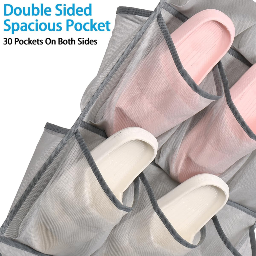 1Pc 30 Large Pockets Dual Sided Hanging Shoe Organizer for Closet Shoe Storage Shelves with 360 Rotating Hanger Space Saving Storage Bag Hanging Shoe Rack for Bedroom Laundry Room,Gray
