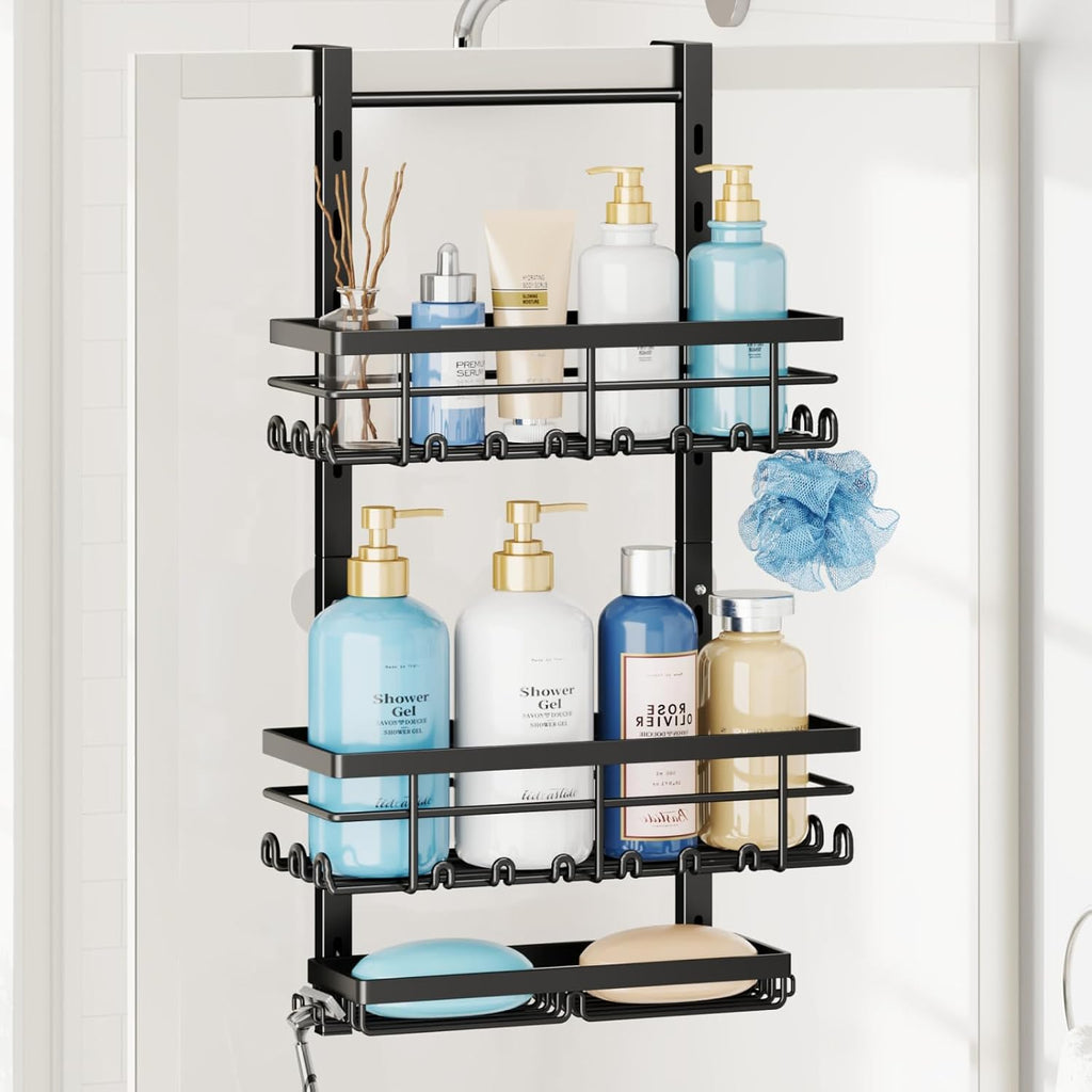 SWTYMIKI Over The Door Shower Caddy - 3 Tier Rustproof Hanging Shower Organizer with Adjustable Shelves, 28 Hooks & Soap Holder, Hanging Shower Rack Storage for Bathroom Accessories, Black