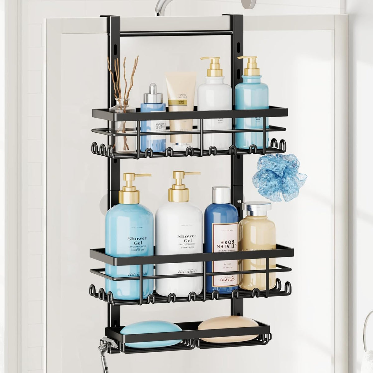SWTYMIKI Over The Door Shower Caddy - 3 Tier Rustproof Hanging Shower Organizer with Adjustable Shelves, 28 Hooks & Soap Holder, Hanging Shower Rack Storage for Bathroom Accessories, Black