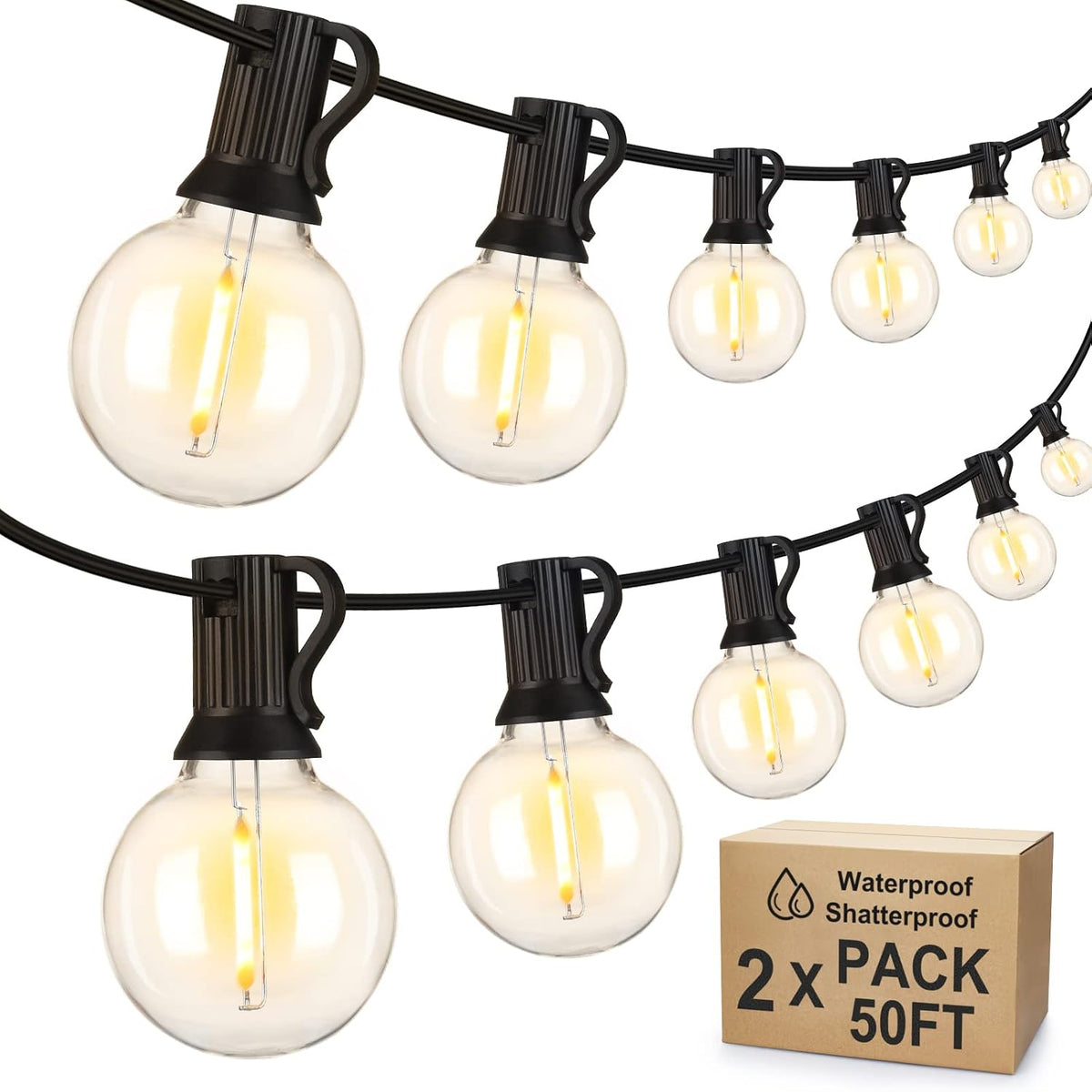 Mlambert 100Ft(2x50Ft) Outdoor String Lights, G40 Globe Patio Lights with 50+4 Waterproof Hanging LED Bulbs for Balcony Gazebo Deck Tents-Black Wire