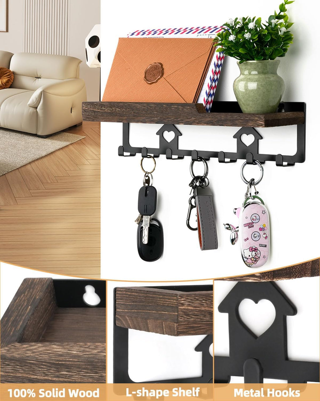 lucdnc Key Holder for Wall Mounted with Tray, 7 Hooks & Wood Shelf