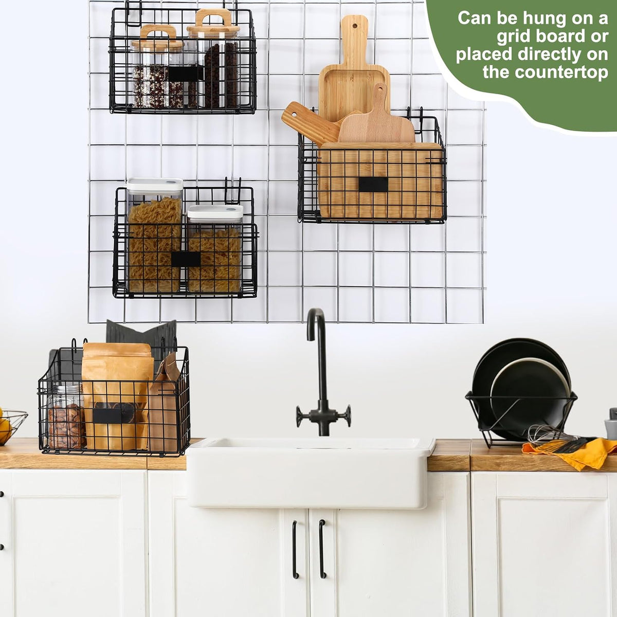 Blulu 4 Pcs Grid Wall Baskets, Wire with Hooks for Hanging, 11 x 8 x 6 Inch