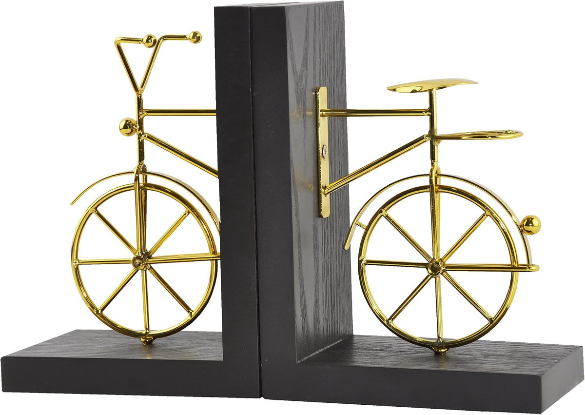 Bicycle Bookend Supports, Decorative Book Stoppers with Non-Skid Bottom, Handcrafted Distressed Wood & Metal Book Stand, Display for Bookshelf Office Desktop, 1-Pair, Golden & Brown