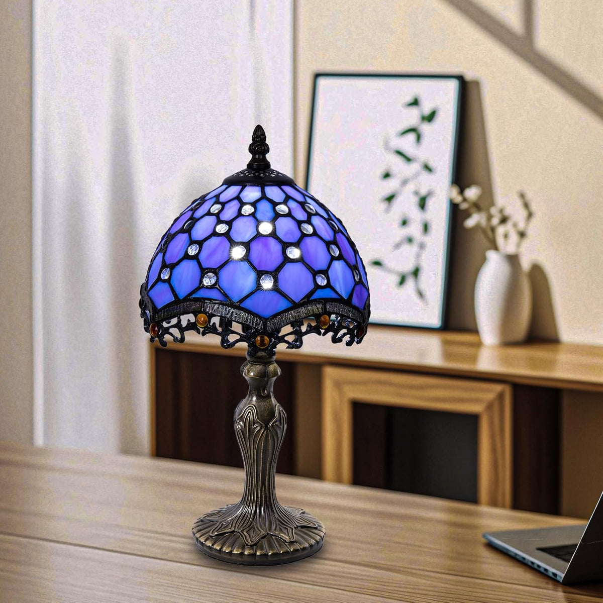 Small Tiffany Style 8 inch Blue Stained Glass Table Lamp