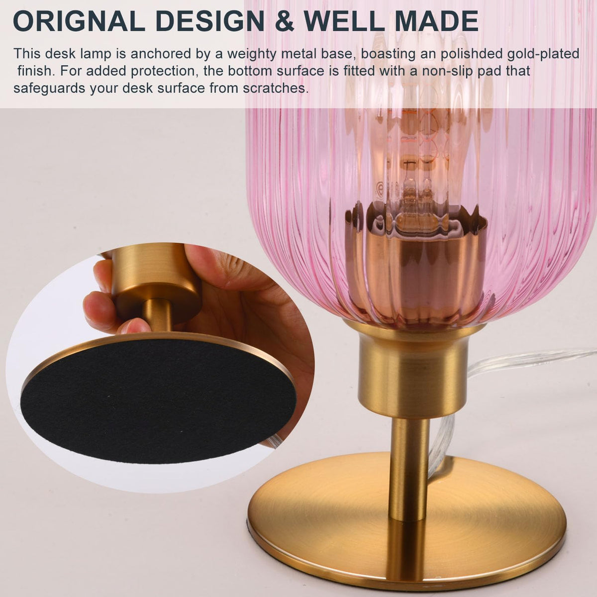 Mid Century Glass Table Lamp, Timer Build-In, Dimmable Desk Lamp, Pink