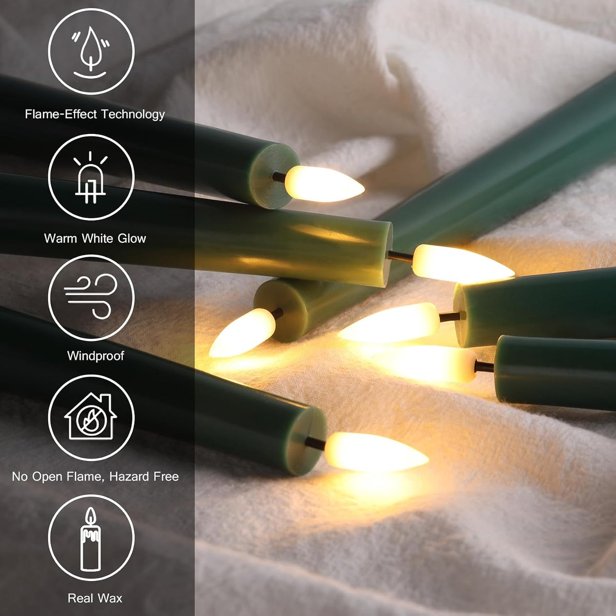 Eywamage Real Wax Green Flameless Taper Candles with Remote Set of 6