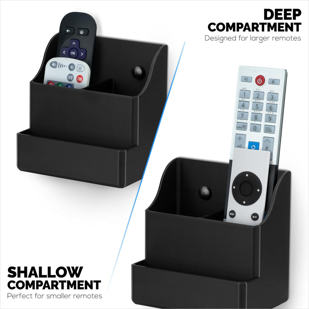 BRAINWAVZ Adhesive Remote Control Wall Mount Holder, Easy To Install, Holds upto 4 Remotes & Storage for Phones, Pens & More, Screw-In or Stick-On