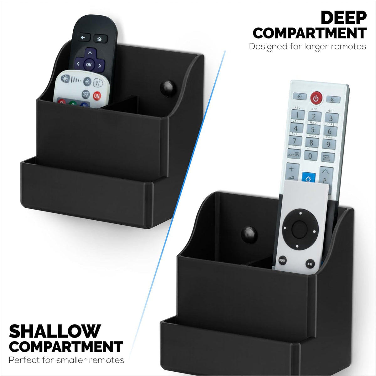 BRAINWAVZ Adhesive Remote Control Wall Mount Holder, Easy To Install, Holds upto 4 Remotes & Storage for Phones, Pens & More, Screw-In or Stick-On