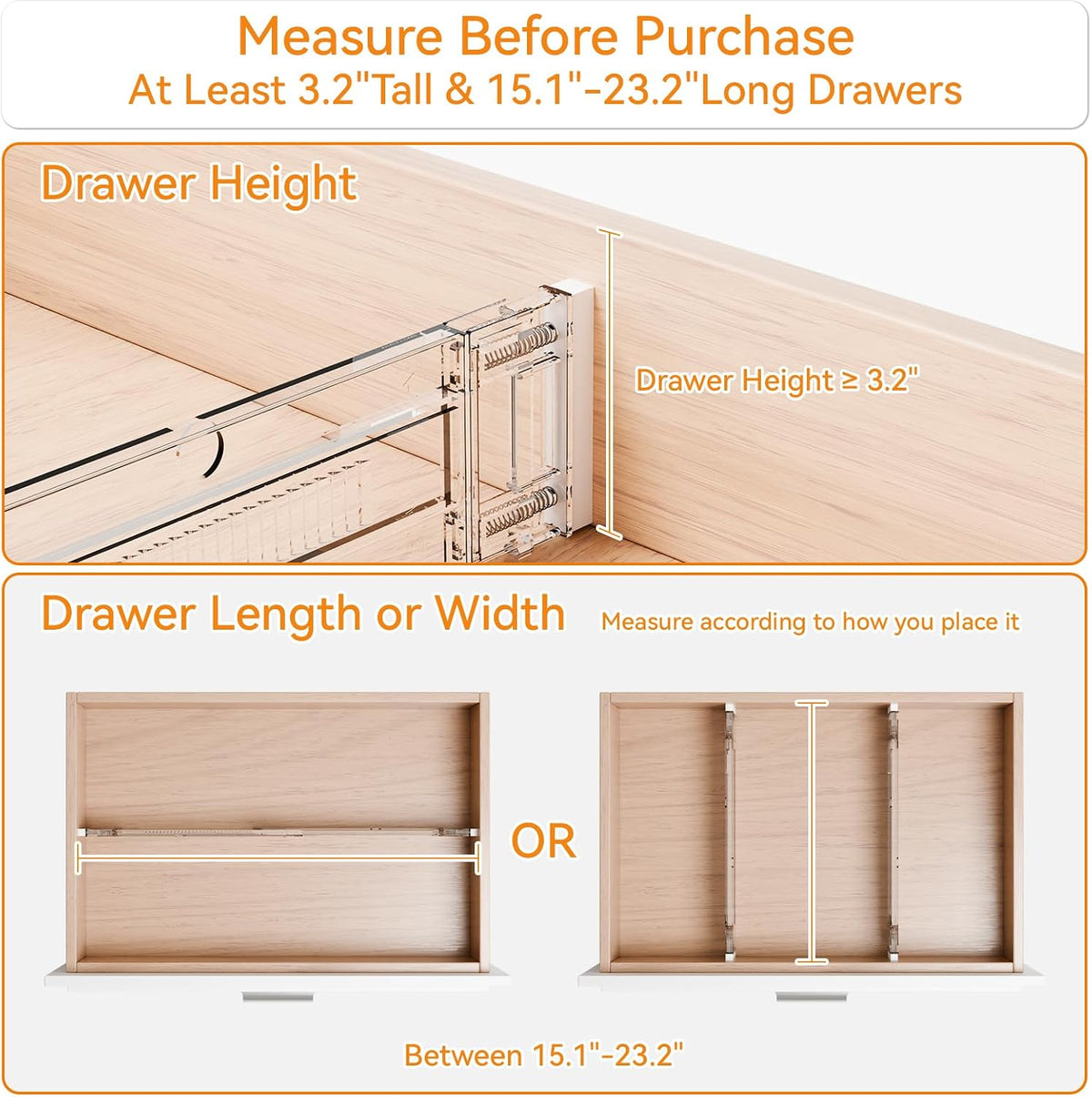 Yieach 8 Pack 3.2 Inch Shallow Acrylic Drawer Dividers for Clothes -Expandable from 15-21''- Adjustable Drawer Dividers for Baby Clothing,Sock,Underwear,Clear in Drawer Separators for Dresser,Kitchen