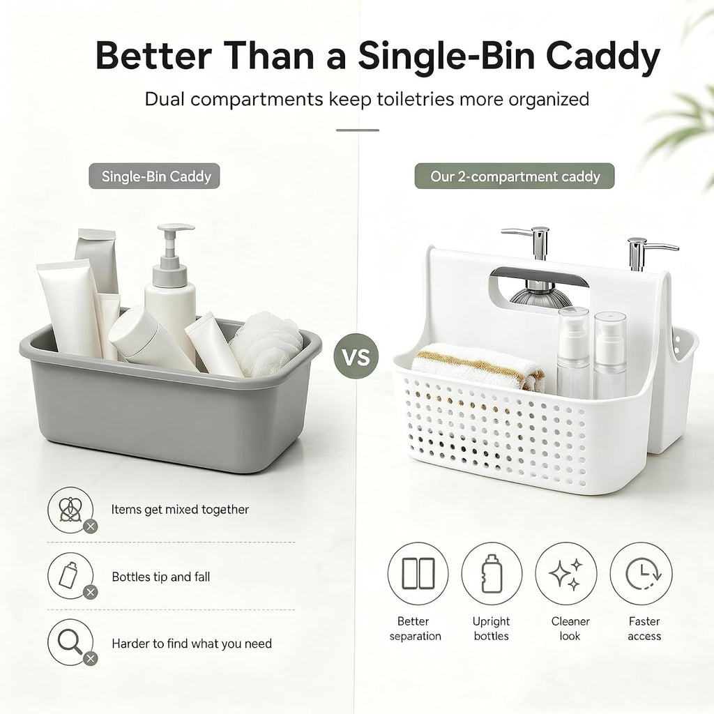 Haundry Portable Shower Caddy Basket, 2 Compartments Plastic Cleaning Caddy Organizer, Large Storage Tote with Handle for Bathroom, College, Dorm Room Essentials, White