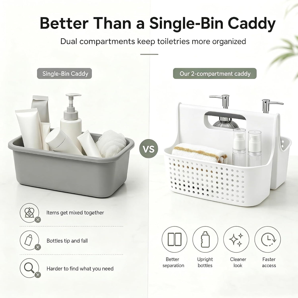 Haundry Portable Shower Caddy Basket, 2 Compartments Plastic Cleaning Caddy Organizer, Large Storage Tote with Handle for Bathroom, College, Dorm Room Essentials, White