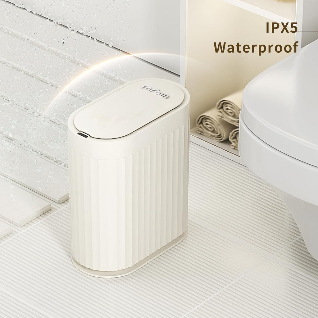 MRBIN Automatic Small Bathroom Trash Can with Lid, Bathroom Garbage Can 2 Gal Motion Sensor Trash Can, Slim Touchless Electric Waste Basket, Cream White