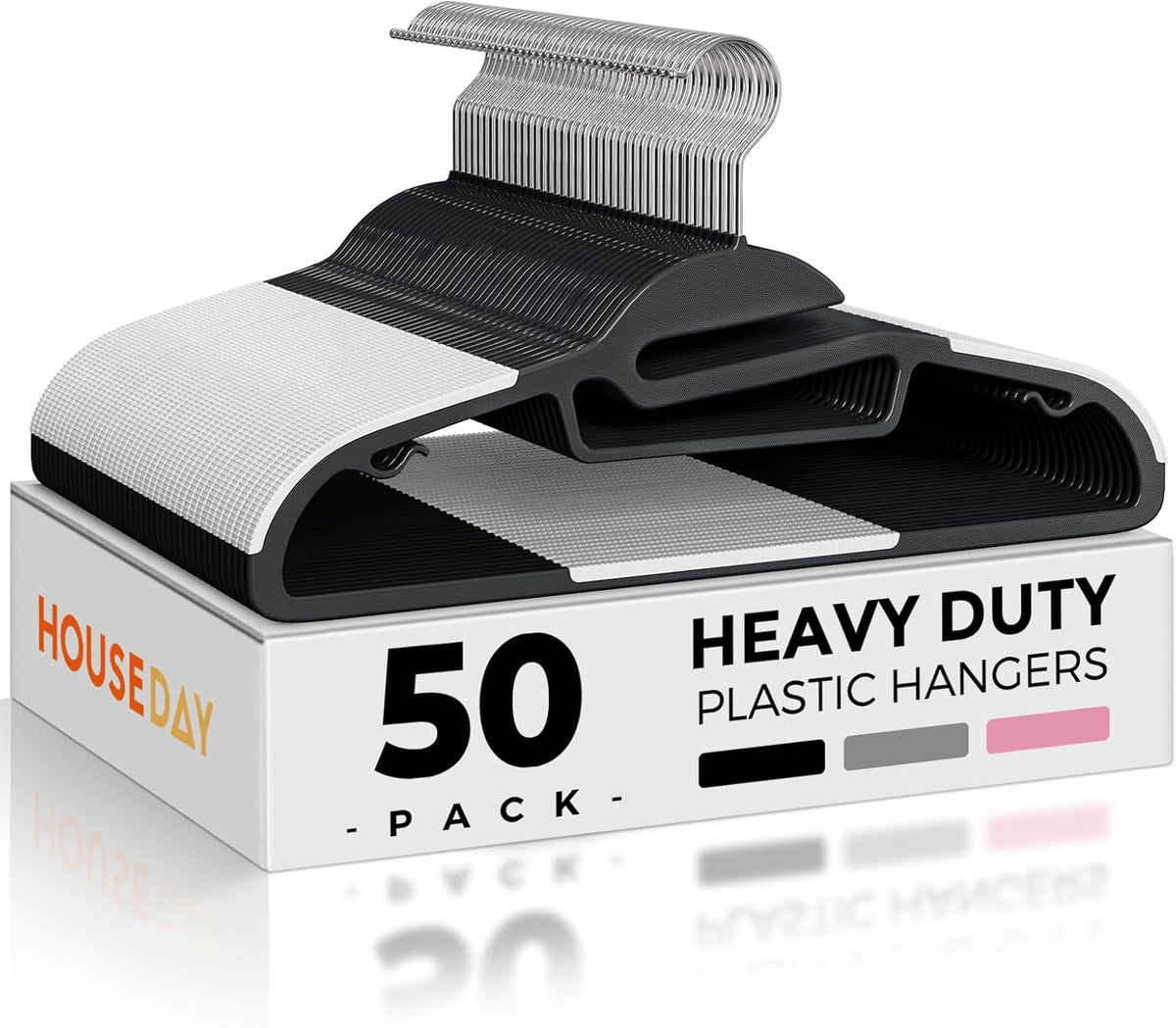 HOUSE DAY Slim Plastic Hangers with Non Slip Rubber Pads, 50 Pack, Black