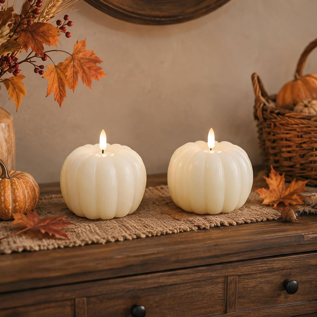 Fall Decor Pumpkin Flameless Candles with Remote LED Candles Ivory Set of 2