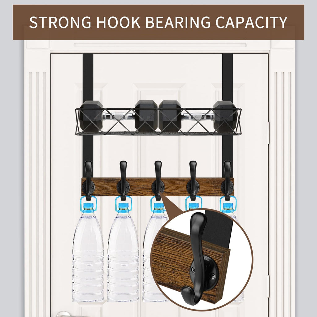 YINMIT Over The Door Hooks Organizer, Over The Door Hanger with Basket, Over The Door Towel Rack with 5 Metal Hooks, Over Door Hanger for Bathroom, Bedroom, Kitchen