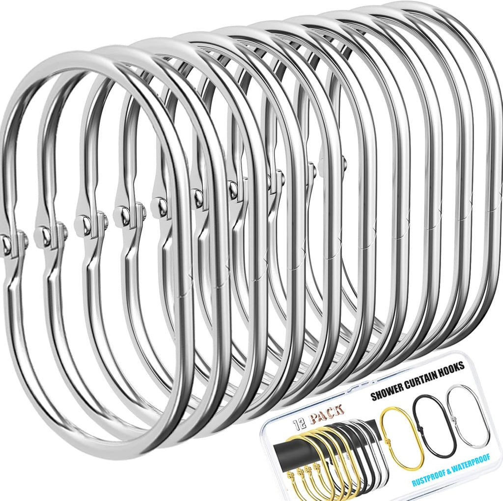 12 Pack Silver Shower Curtain Hooks,Gold Shower Curtain Rings,Brushed Nickel Shower Curtain Hooks Rust Proof, Metal Rust Proof Anti-Drop Smooth Shower Hooks for Shower Curtain