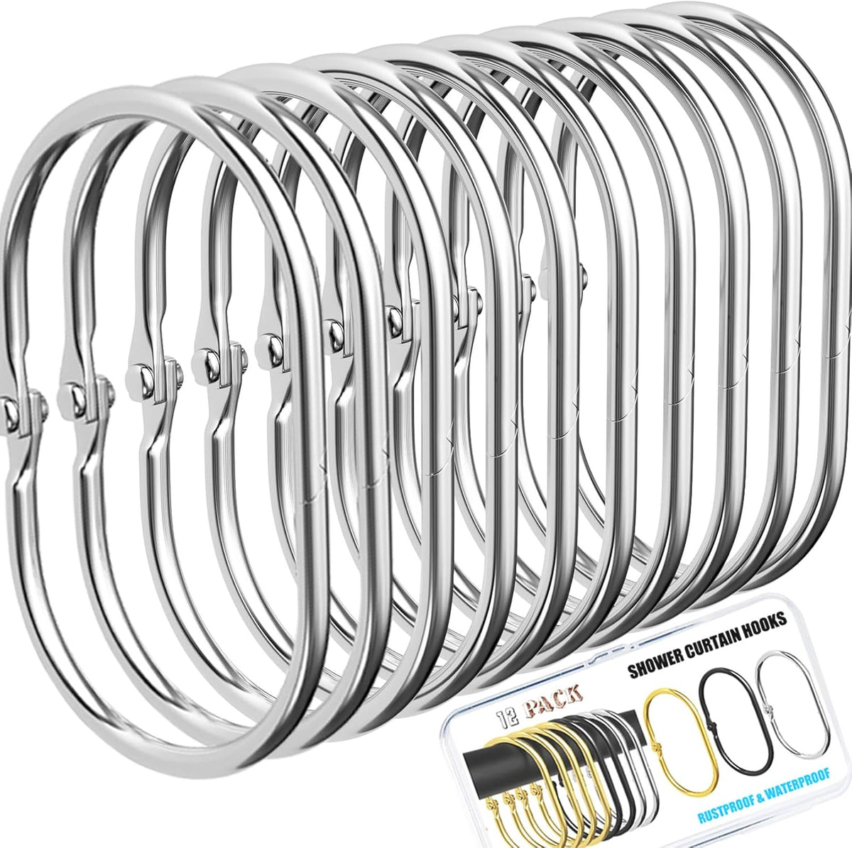 12 Pack Silver Shower Curtain Hooks,Gold Shower Curtain Rings,Brushed Nickel Shower Curtain Hooks Rust Proof, Metal Rust Proof Anti-Drop Smooth Shower Hooks for Shower Curtain