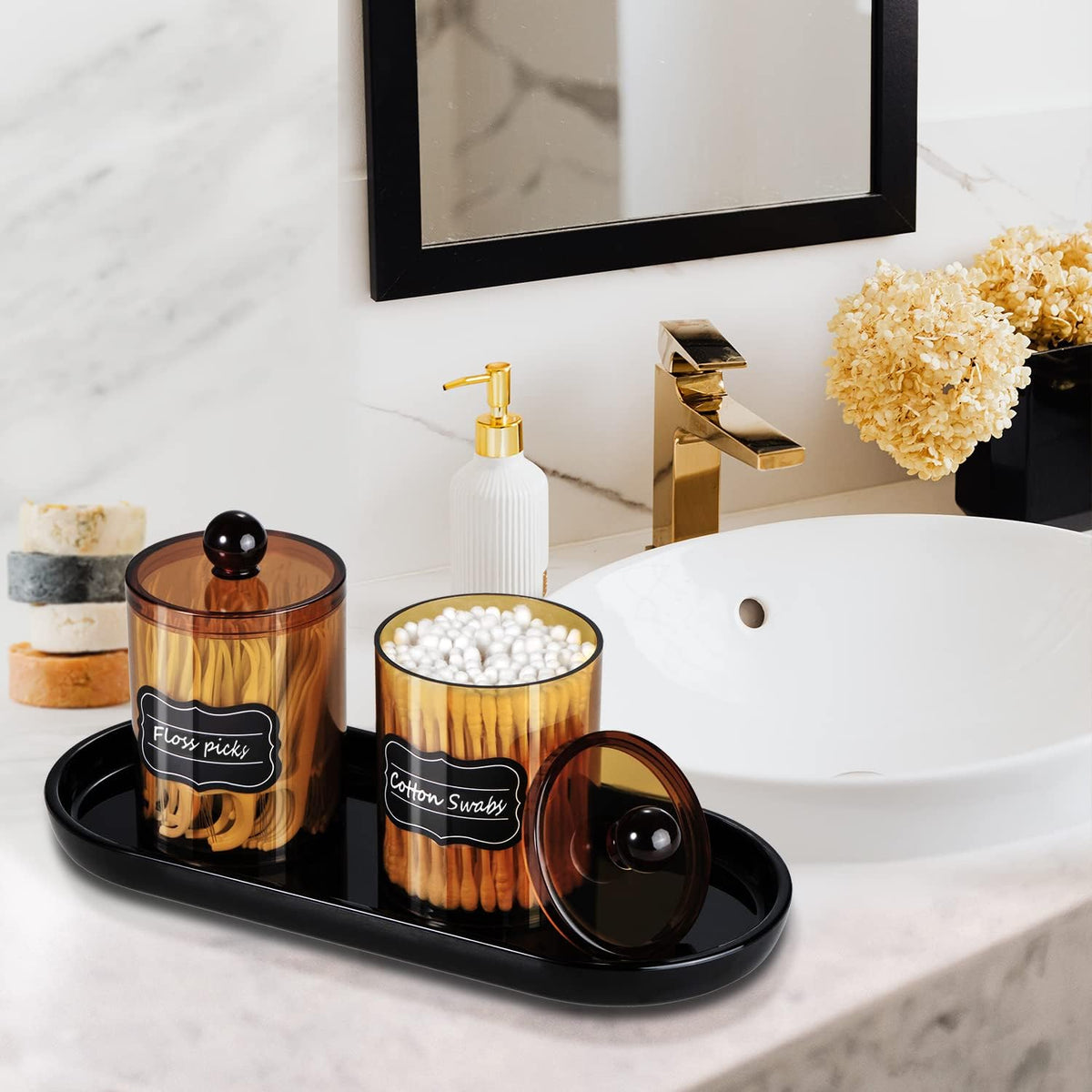 SheeChung 4-Pack Qtip Holder, Amber Acrylic Apothecary Jars for Bathroom