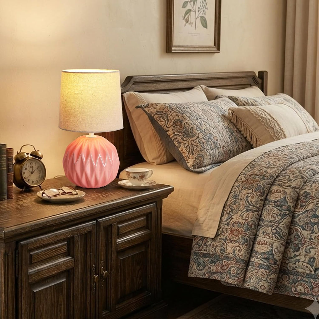 Pink Ceramic Table Lamp Set of 2, Small Bedside Lamp with Linen Shade